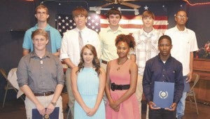 Several students who attended Boys and Girls State spoke at the June 30 meeting of the American Legion. Shown are: front row, left to right, Tyler Ray Houston, Kaitlyn Abbott, Chyla Lindsey and Jakius Brown; back row, left to right, Jason Andrew Perritt, Noah Blue, Trevor Reaves, Seth Egee and Gerrall Norris. Not shown are Joshua Fields, Bradley Rolin and Mikayla Spruill.