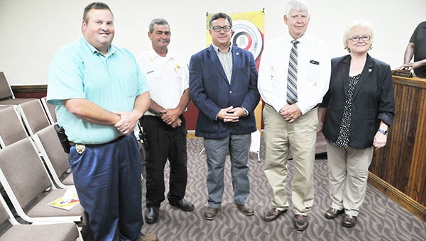 Operation Lifesaver Alabama Executive Director Nancy Hudson (far right) is shown with Atmore Police Chief Chuck Brooks, Fire Chief Ronald Peebles, CSX’s Stephen Curlee and Atmore Mayor Jim Staff. | Andrew Garner/Atmore Advance